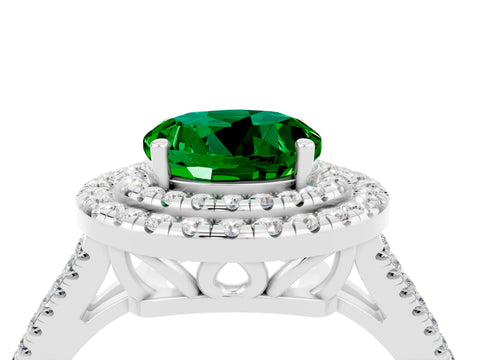 White gold Round Cut Emerald Double Halo Ring with Pavé Band and Prong Setting_16