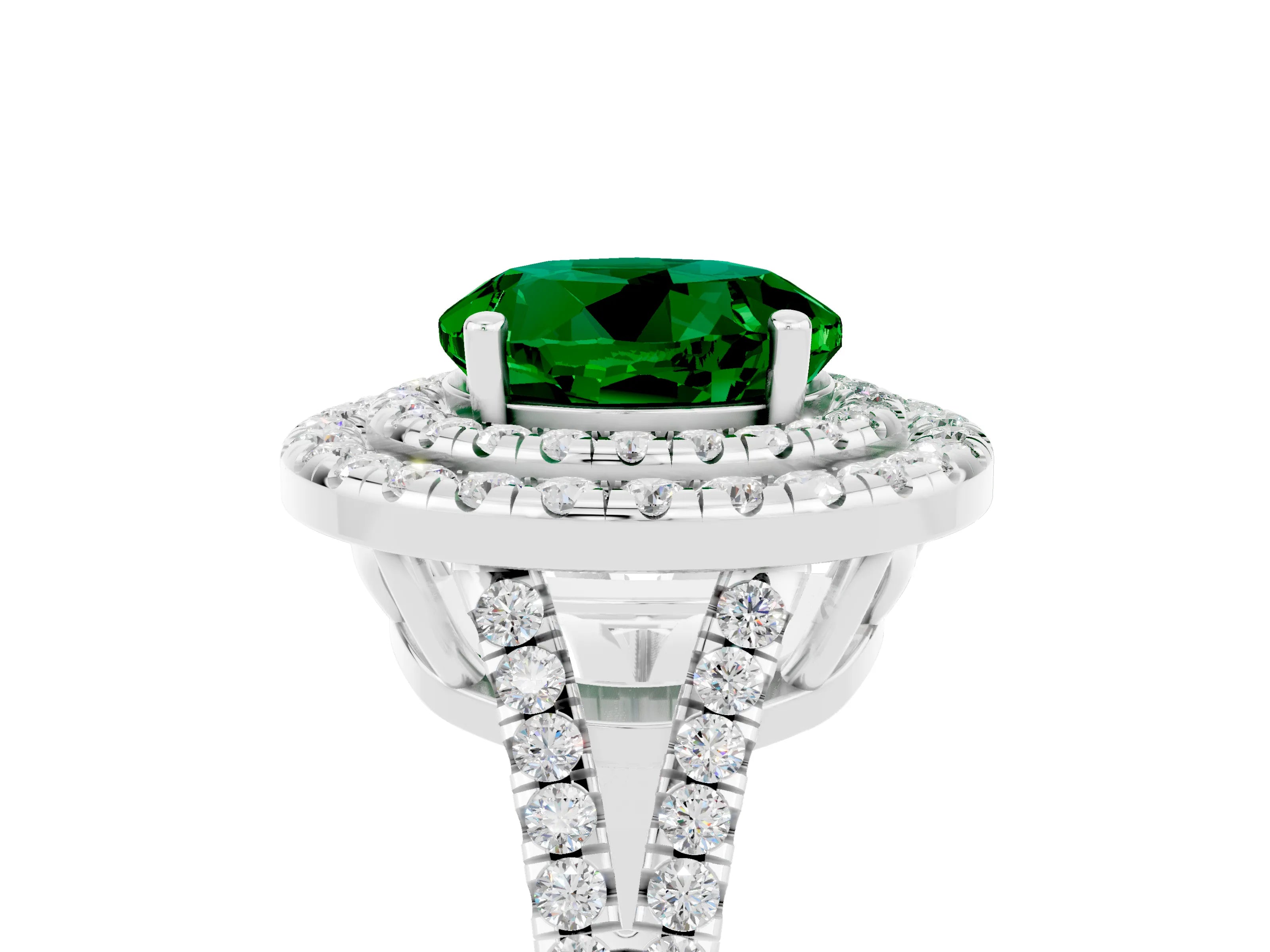White gold Round Cut Emerald Double Halo Ring with Pavé Band and Prong Setting_17