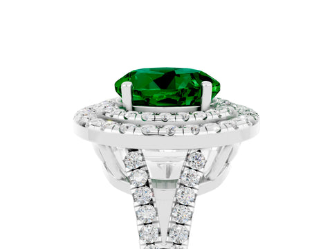 White gold Round Cut Emerald Double Halo Ring with Pavé Band and Prong Setting_17