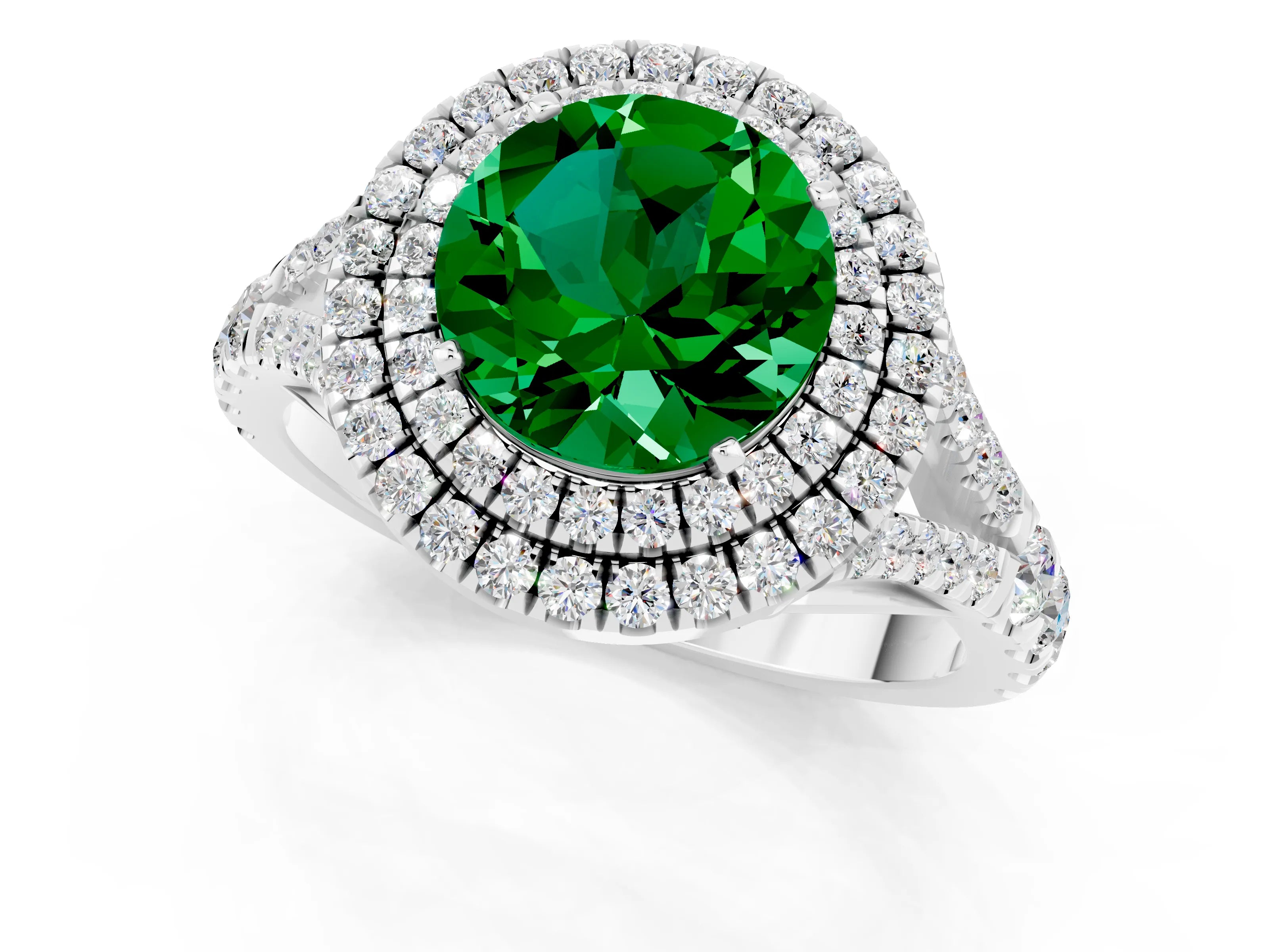 White gold Round Cut Emerald Double Halo Ring with Split Shank and Prong Setting_25