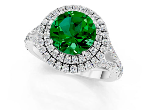 White gold Round Cut Emerald Double Halo Ring with Split Shank and Prong Setting_25