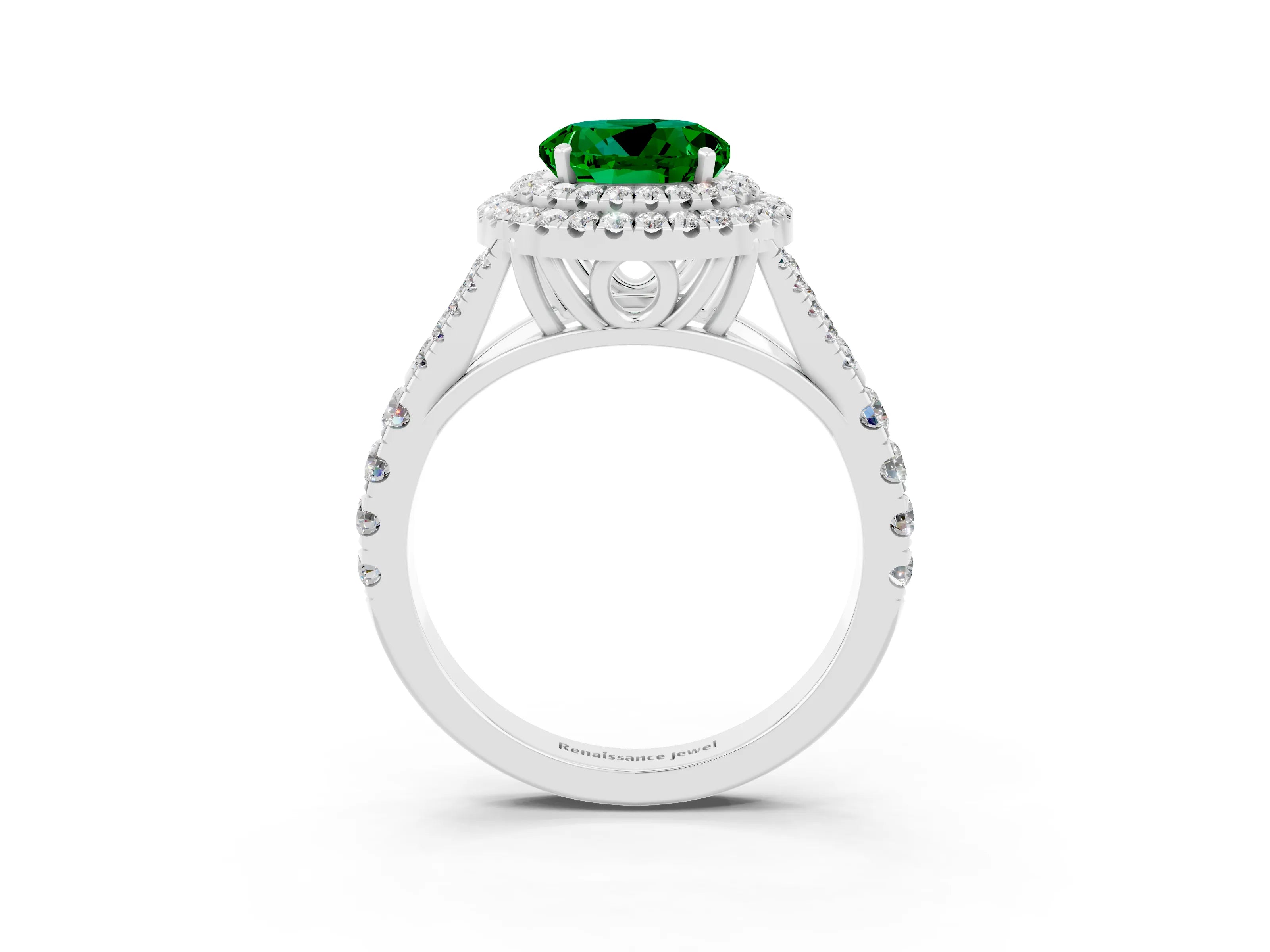 White gold Round Cut Emerald Double Halo Ring with Split Shank and Prong Setting_27