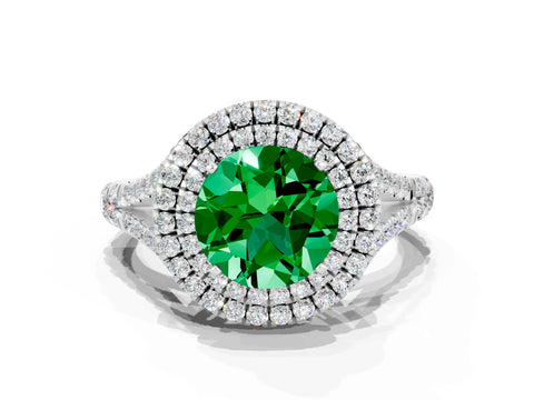 White gold Round Cut Emerald Double Halo Ring with Split Shank and Prong Setting_30