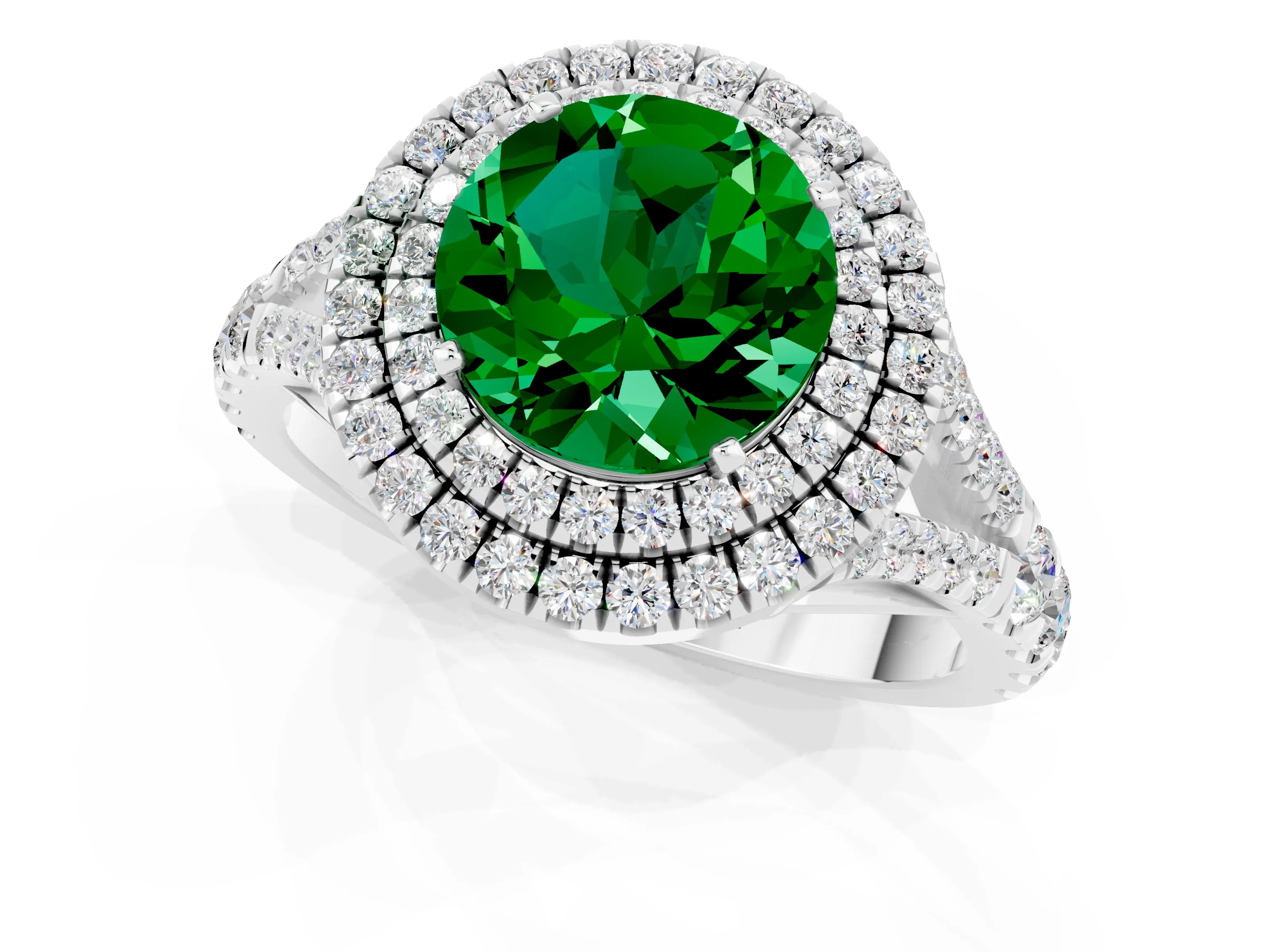 White gold Round Cut Emerald Double Halo Ring with Split Shank and Prong Setting_31
