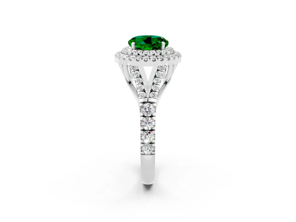 Silver Round Cut Emerald Double Halo Ring with Split Shank and Prong Setting
