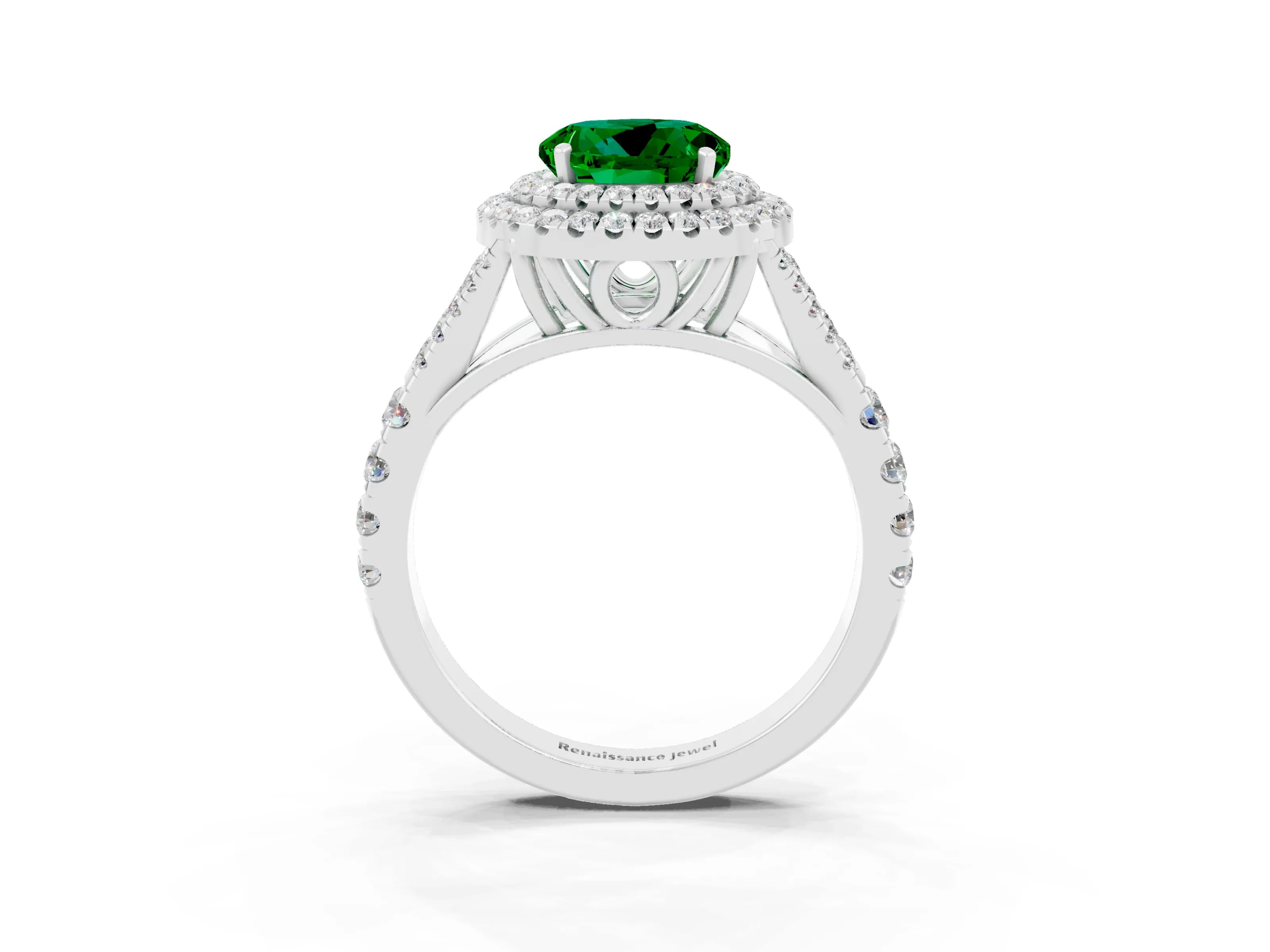 White gold Round Cut Emerald Double Halo Ring with Split Shank and Prong Setting_33