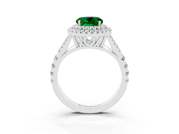 Silver Round Cut Emerald Double Halo Ring with Split Shank and Prong Setting