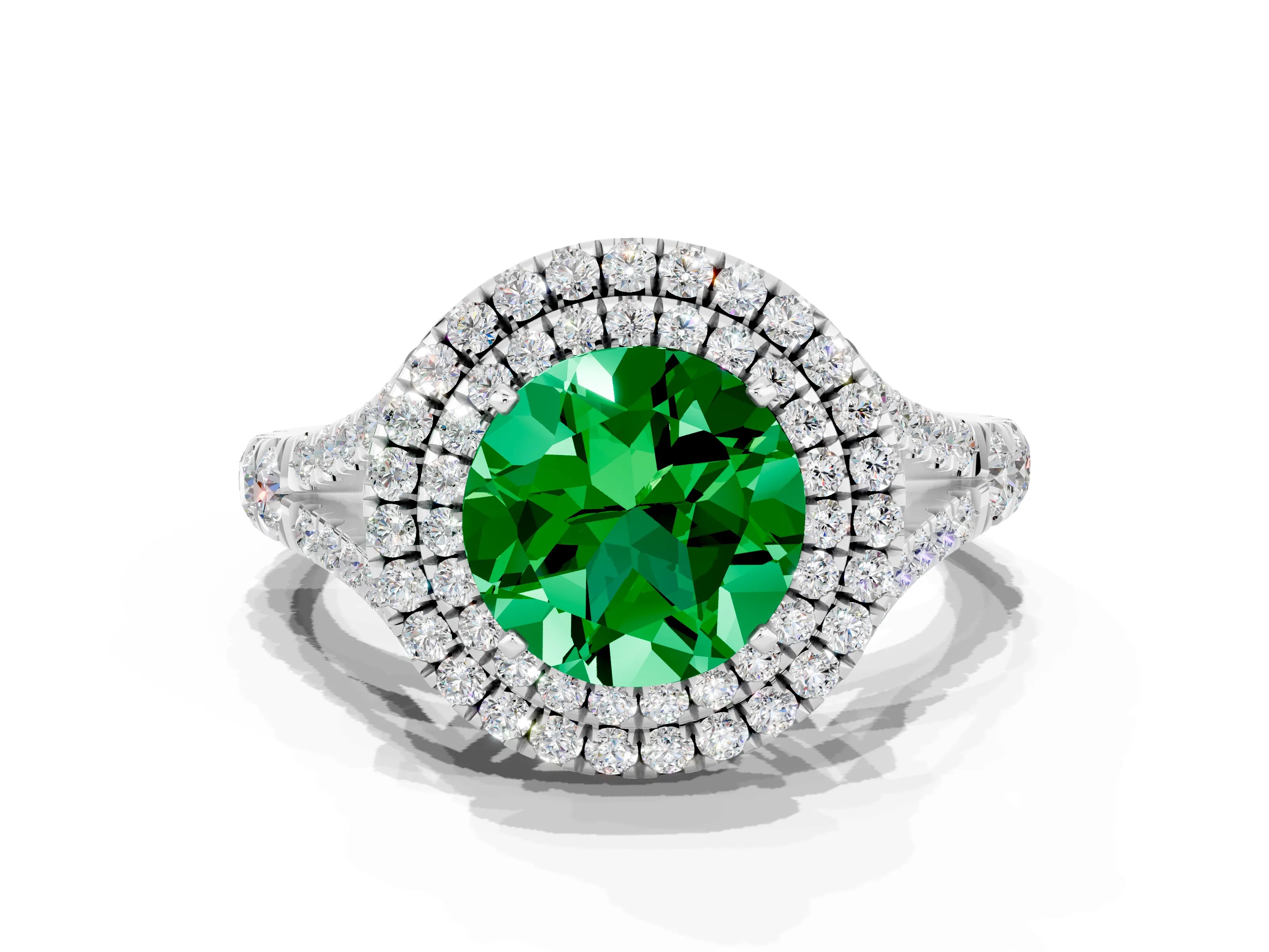White gold Round Cut Emerald Double Halo Ring with Split Shank and Prong Setting_36
