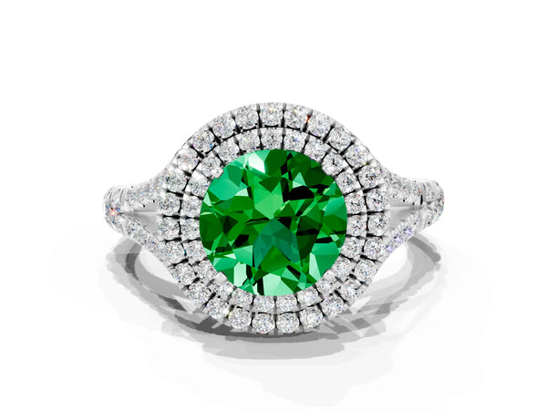 Platinum Round Cut Emerald Double Halo Ring with Split Shank and Prong Setting