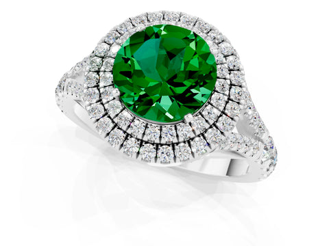 White gold Round Cut Emerald Double Halo Ring with Split Shank and Prong Setting_37