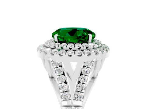White gold Round Cut Emerald Double Halo Ring with Split Shank and Prong Setting_42