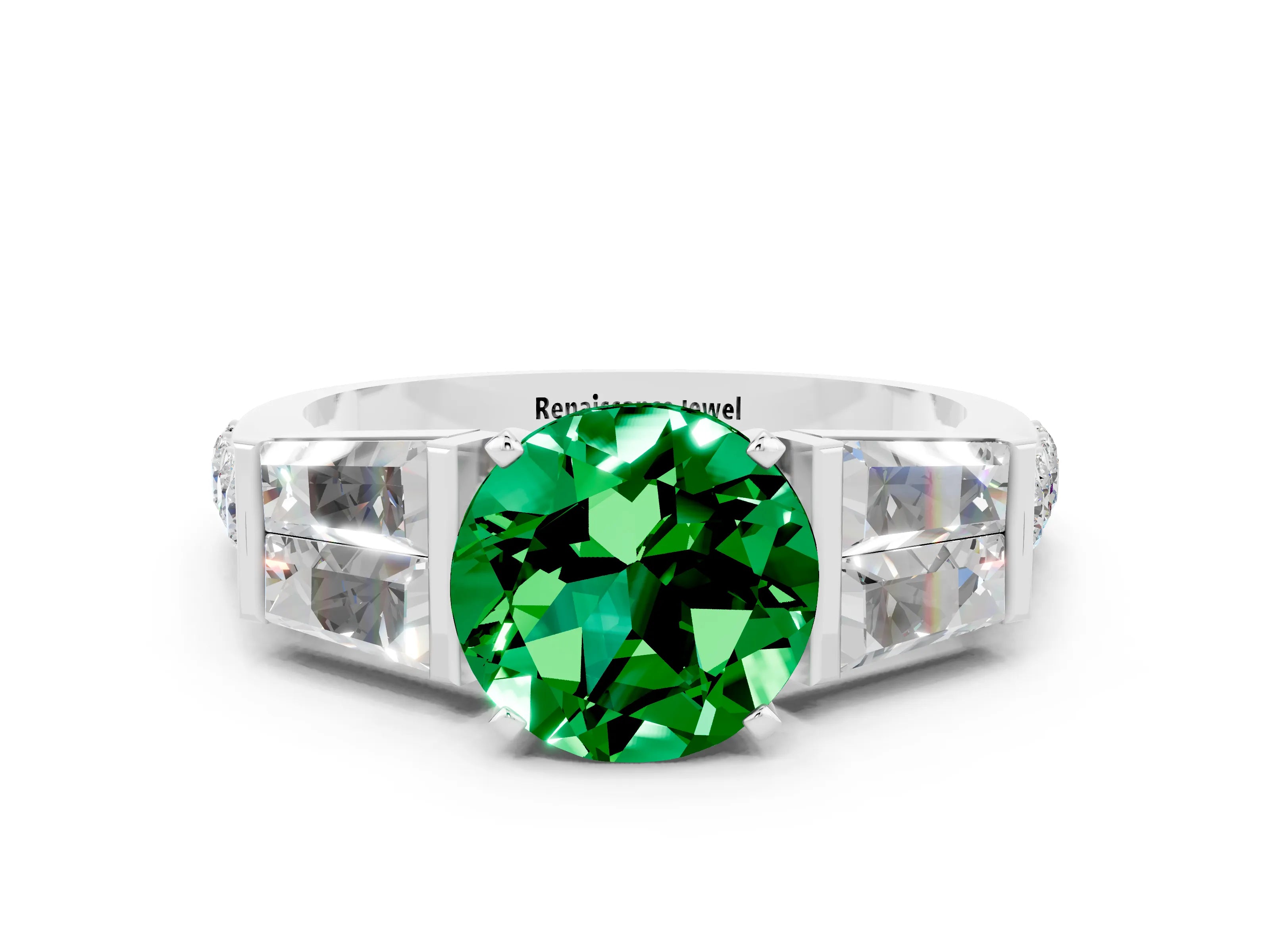 White gold Round Cut Emerald Engagement Ring with Baguette Side Stones and Channel Set Band