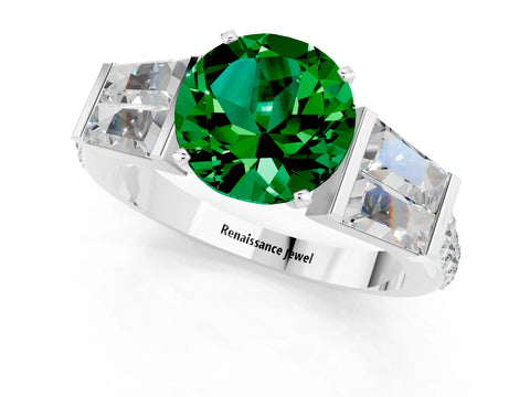 White gold Round Cut Emerald Engagement Ring with Baguette Side Stones and Channel Set Band_1