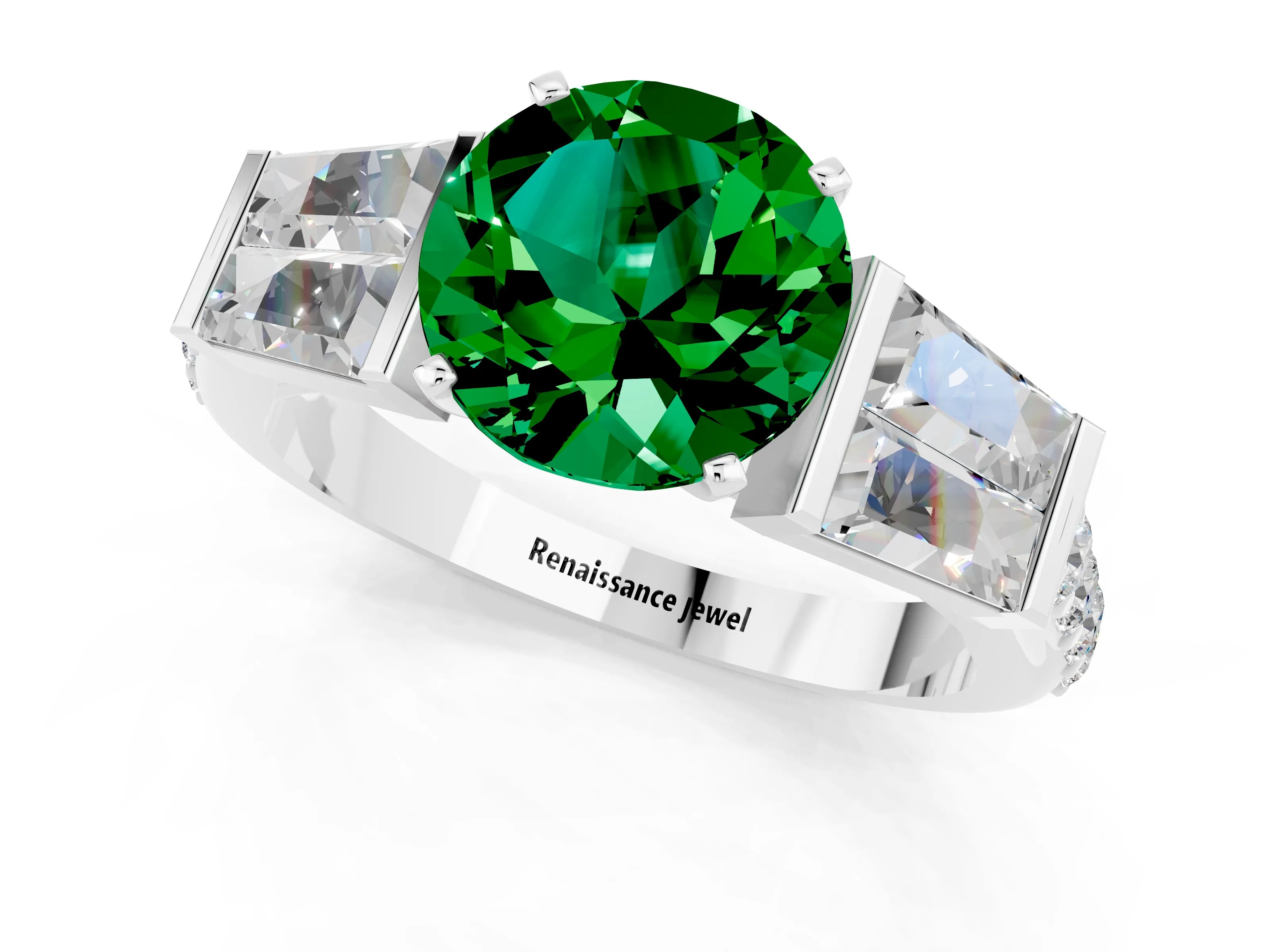 White gold Round Cut Emerald Engagement Ring with Baguette Side Stones and Channel Set Band_1