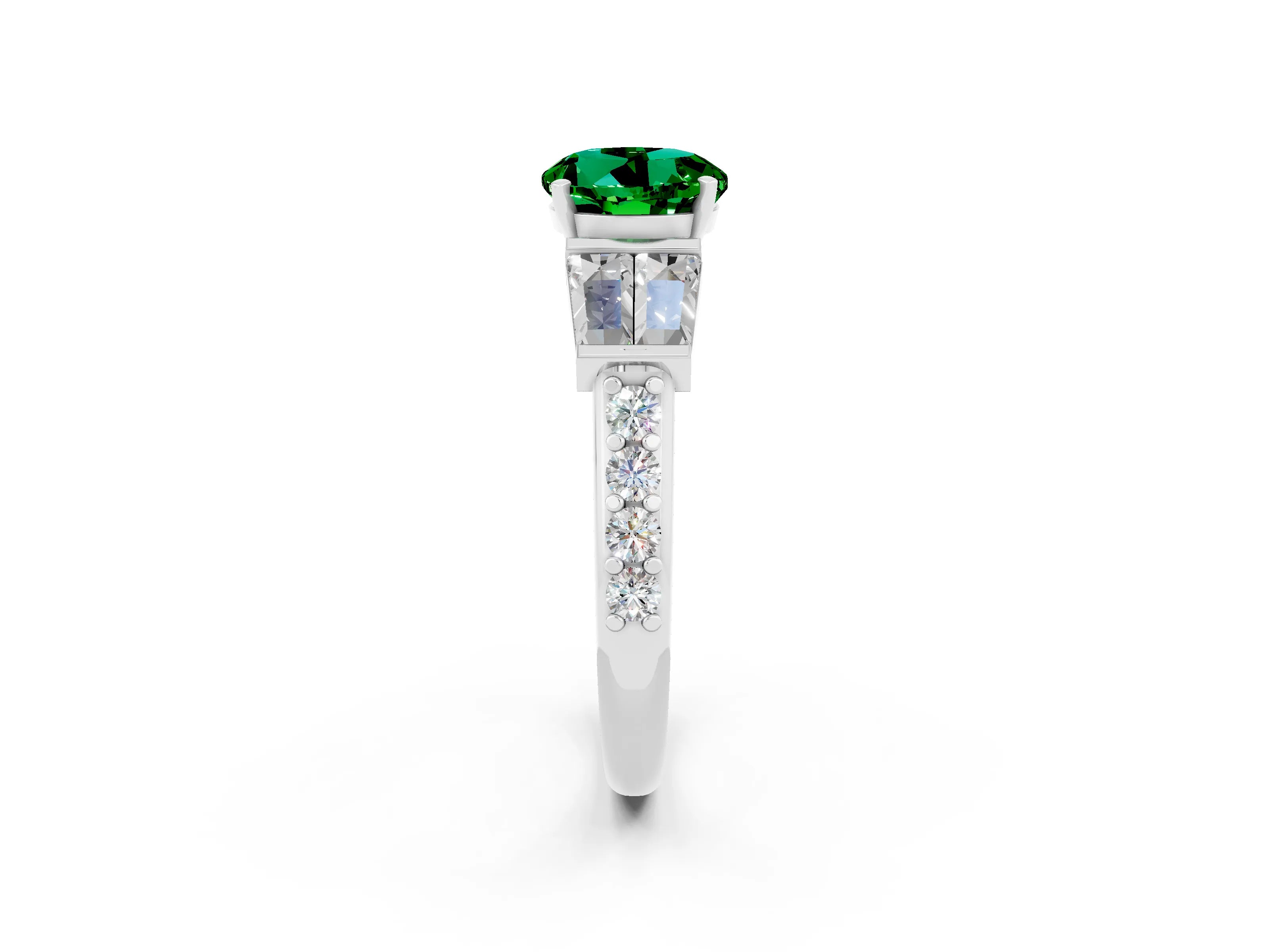 White gold Round Cut Emerald Engagement Ring with Baguette Side Stones and Channel Set Band_2