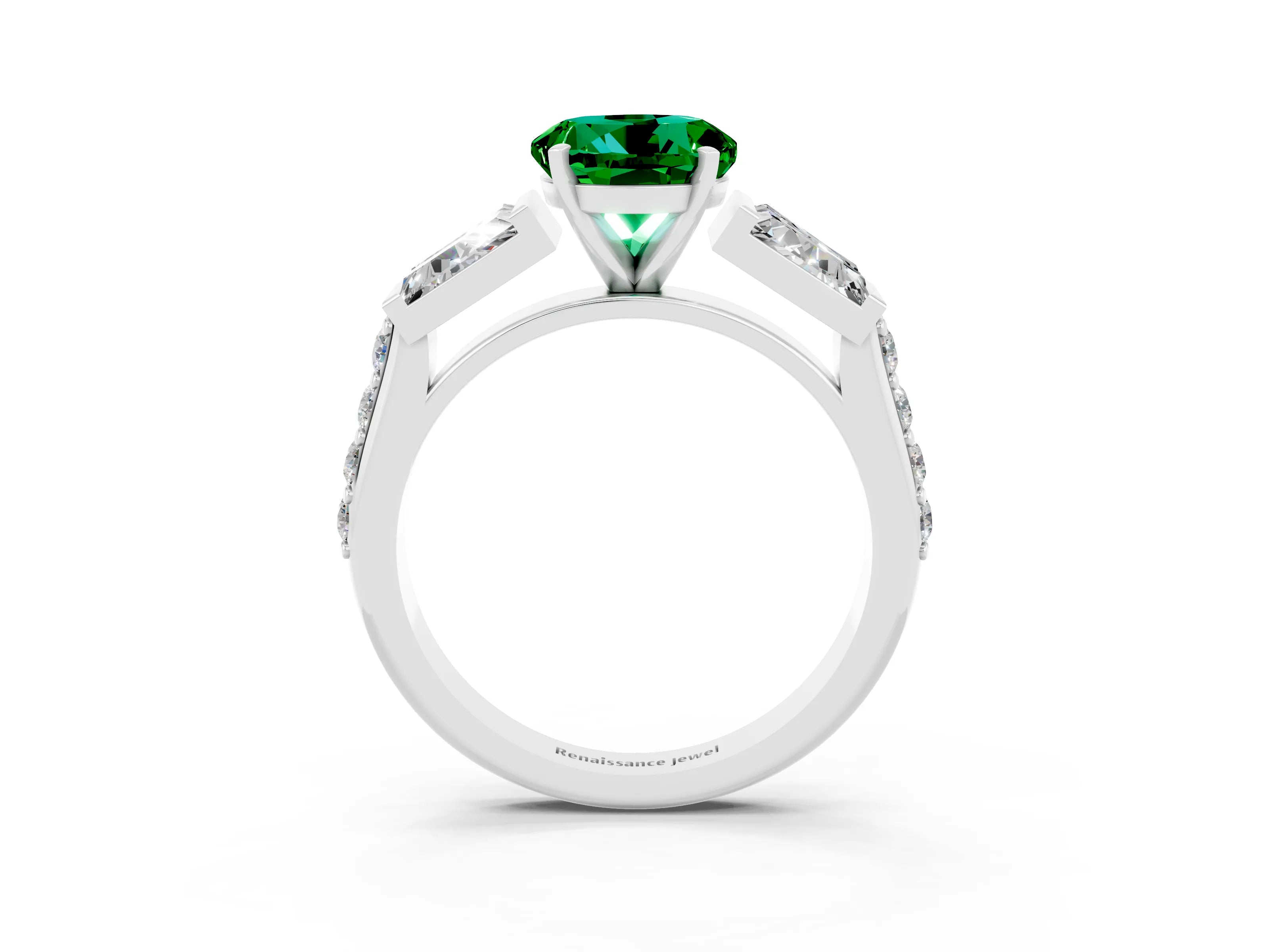 White gold Round Cut Emerald Engagement Ring with Baguette Side Stones and Channel Set Band_3
