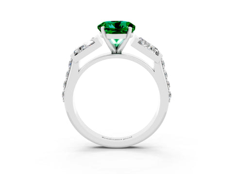 White gold Round Cut Emerald Engagement Ring with Baguette Side Stones and Channel Set Band_3
