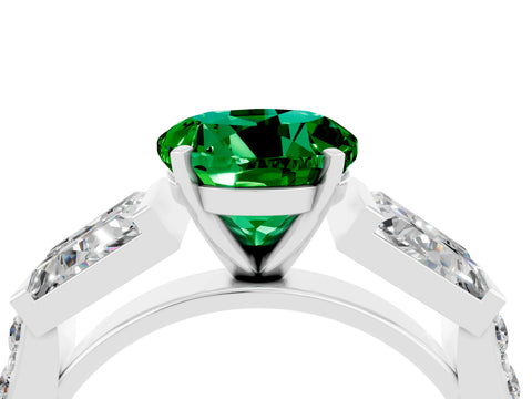 White gold Round Cut Emerald Engagement Ring with Baguette Side Stones and Channel Set Band_4