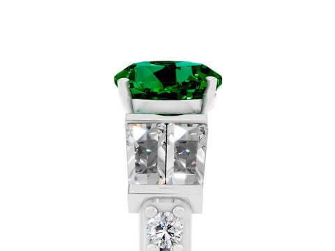 White gold Round Cut Emerald Engagement Ring with Baguette Side Stones and Channel Set Band_5