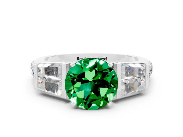 Silver Round Cut Emerald Engagement Ring with Baguette Side Stones and Channel Set Band