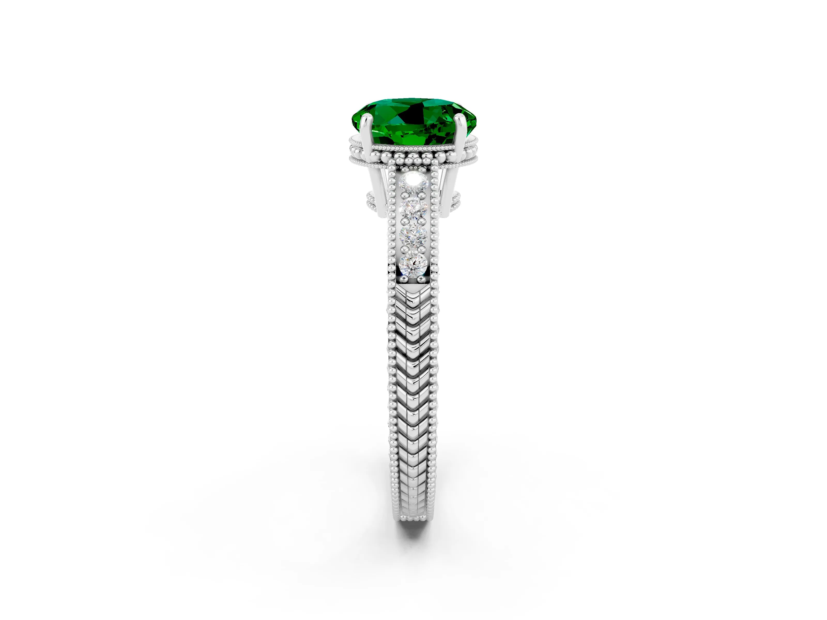 White gold Round Cut Emerald Engagement Ring with Milgrain Channel Set Band and Prong Setting_2