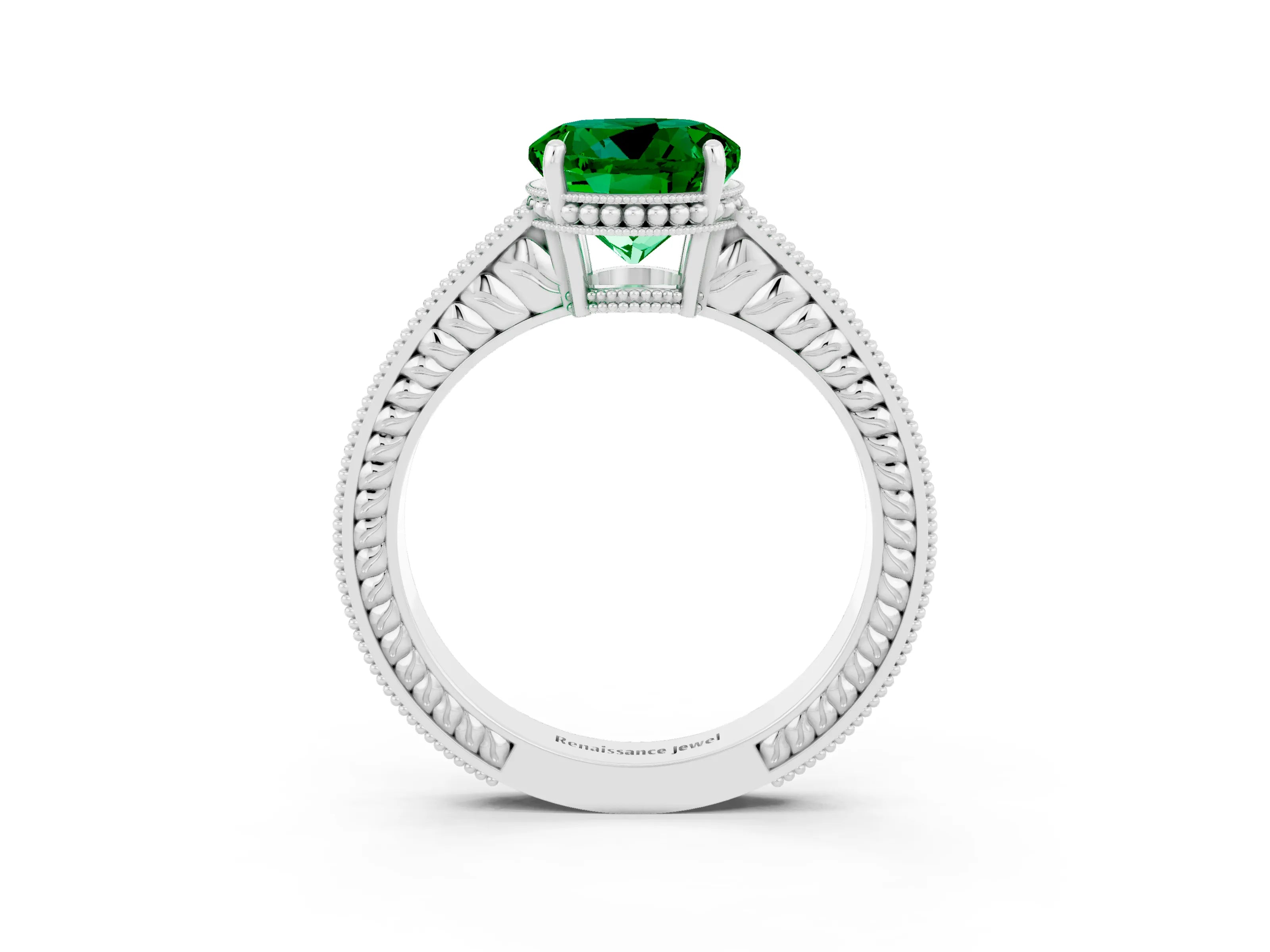 White gold Round Cut Emerald Engagement Ring with Milgrain Channel Set Band and Prong Setting_3