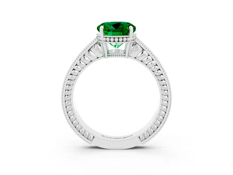 White gold Round Cut Emerald Engagement Ring with Milgrain Channel Set Band and Prong Setting_3