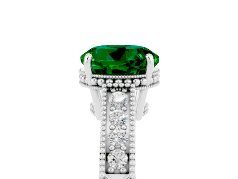 White gold Round Cut Emerald Engagement Ring with Milgrain Channel Set Band and Prong Setting_5