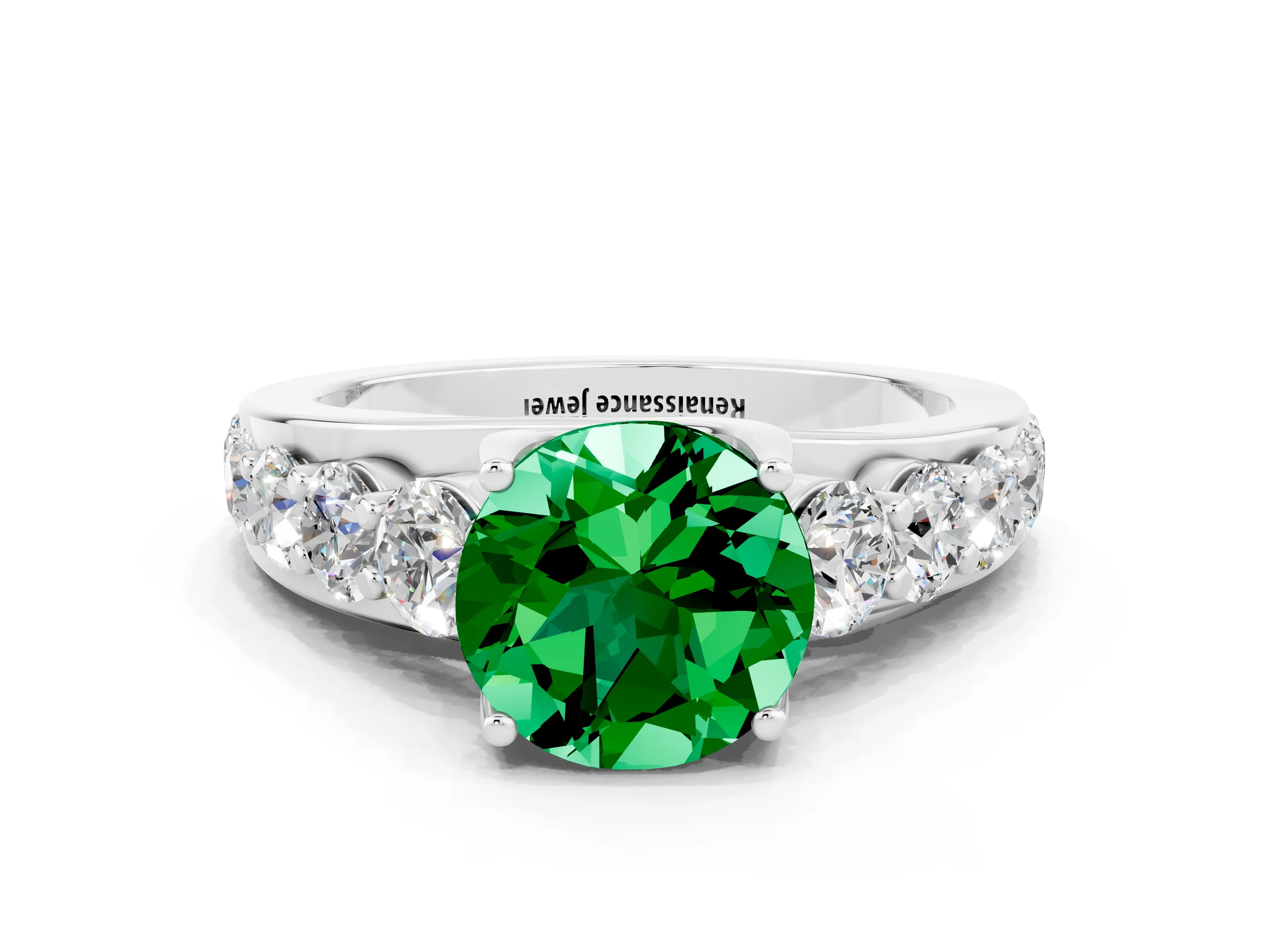 White gold Round Cut Emerald Engagement Ring with Pavé Band and Four-Prong Setting