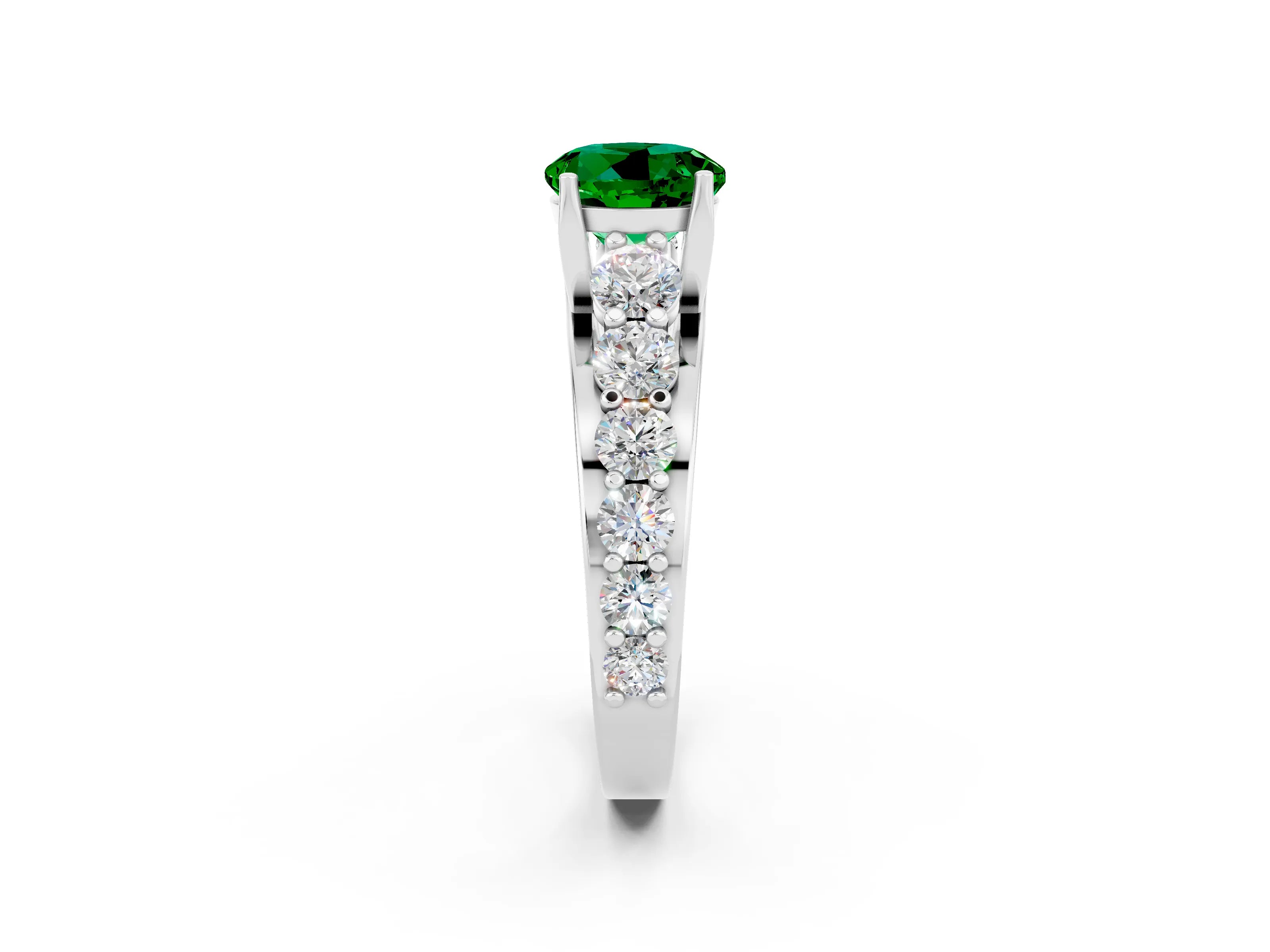 White gold Round Cut Emerald Engagement Ring with Pavé Band and Four-Prong Setting_2