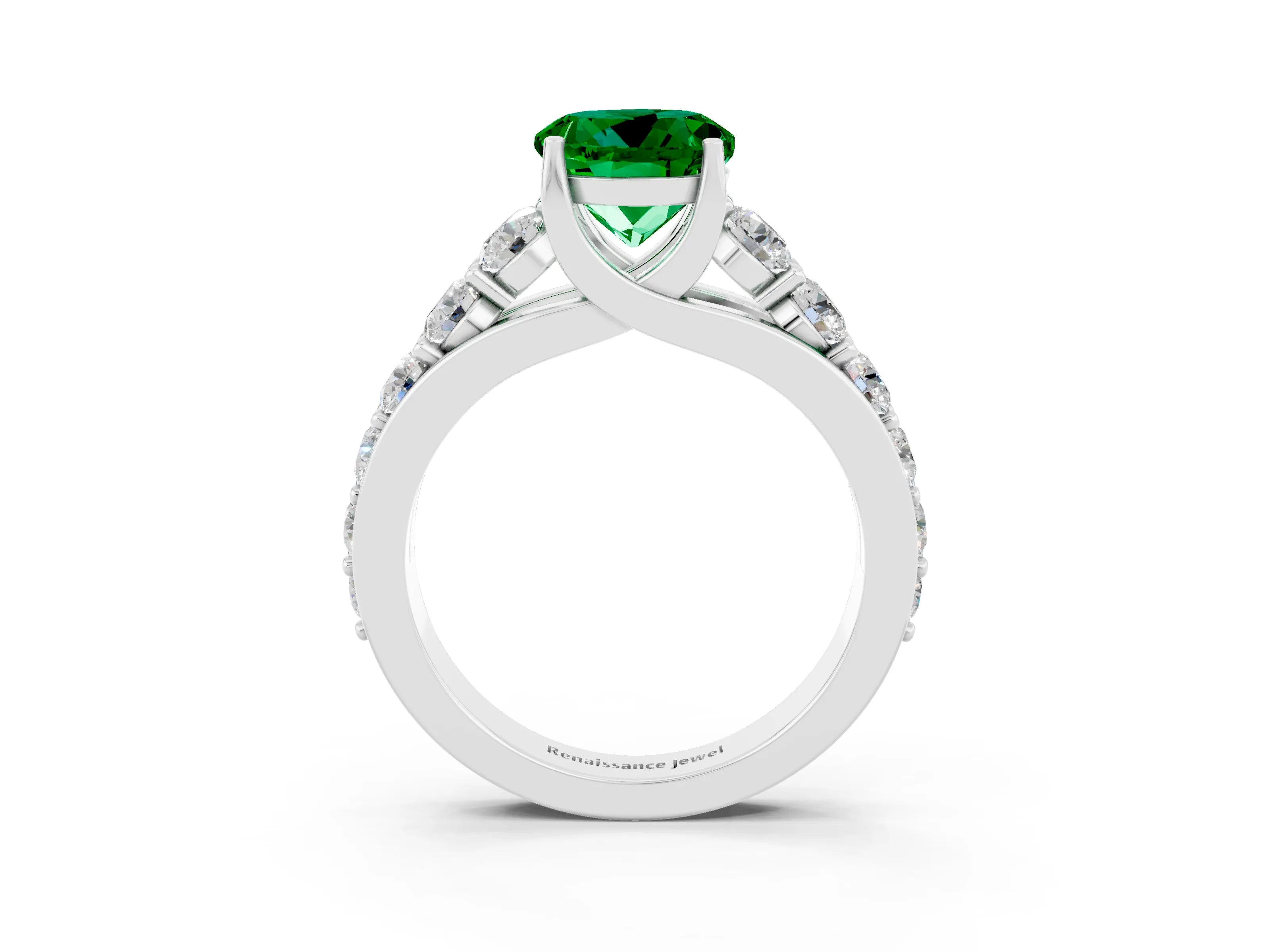 White gold Round Cut Emerald Engagement Ring with Pavé Band and Four-Prong Setting_3