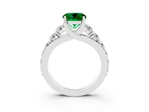 White gold Round Cut Emerald Engagement Ring with Pavé Band and Four-Prong Setting_3