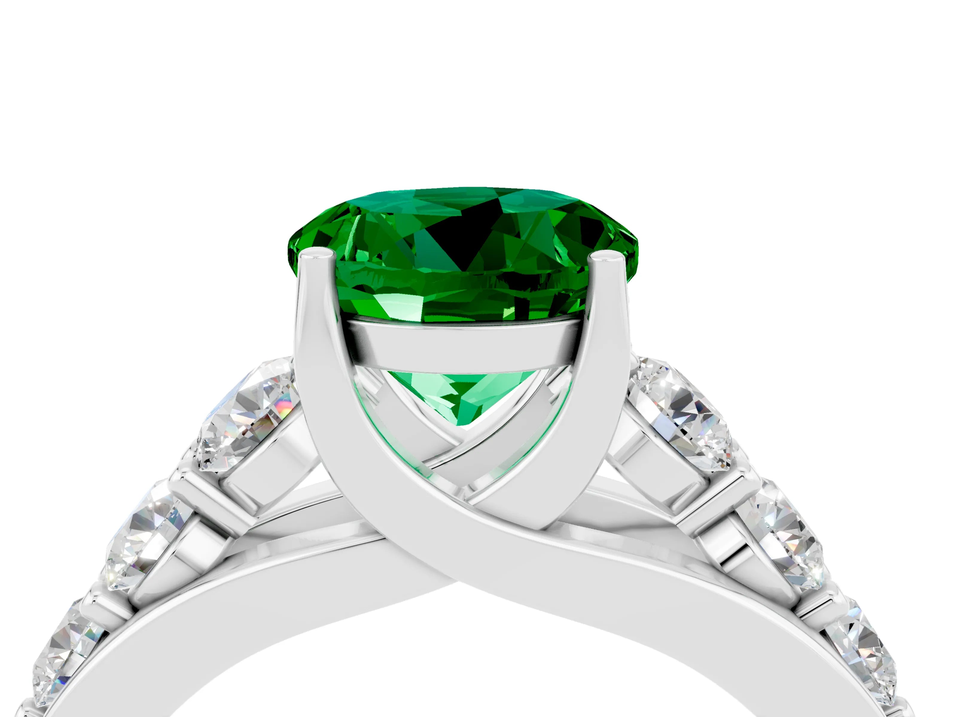 White gold Round Cut Emerald Engagement Ring with Pavé Band and Four-Prong Setting_4