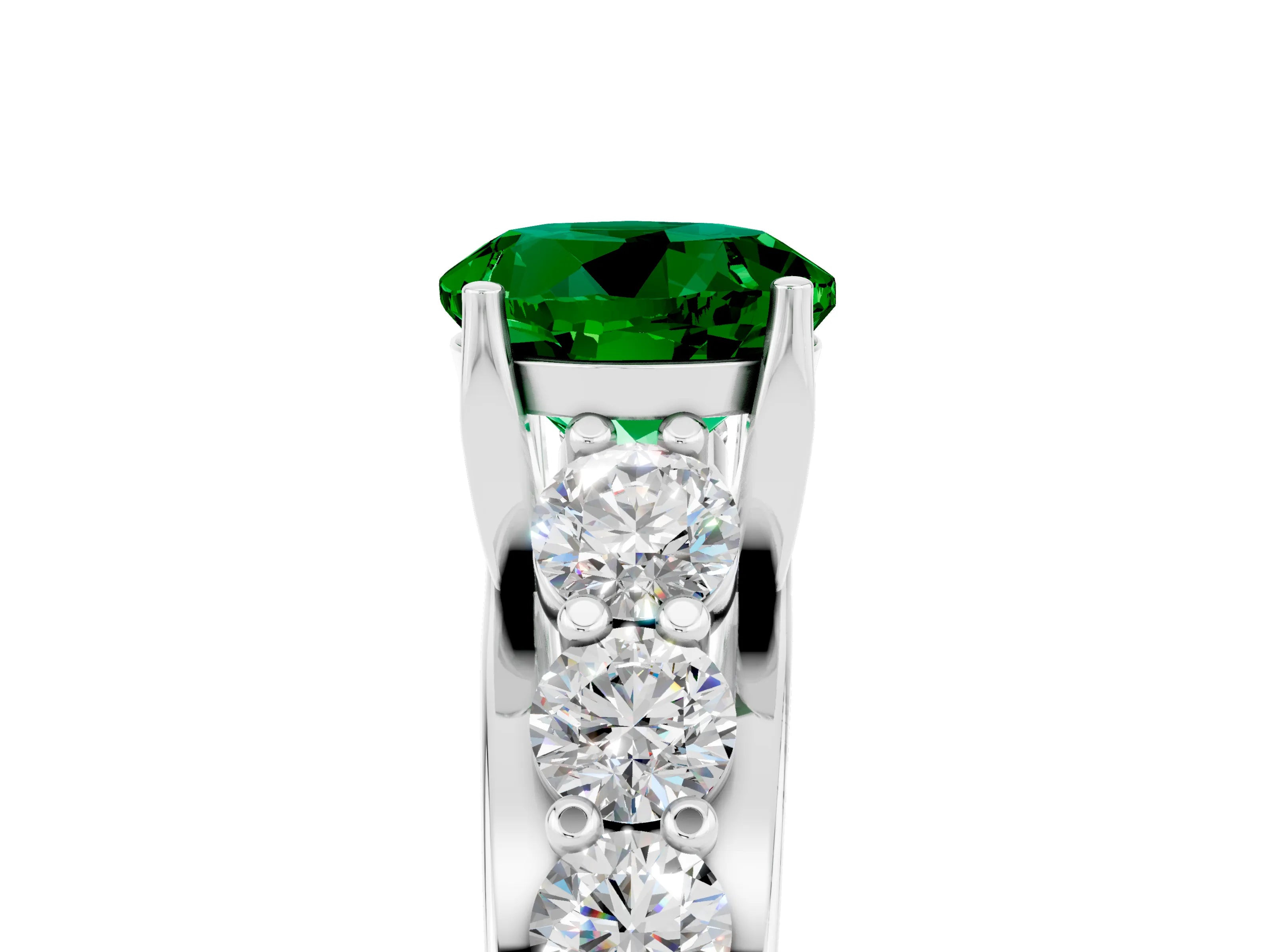 White gold Round Cut Emerald Engagement Ring with Pavé Band and Four-Prong Setting_5