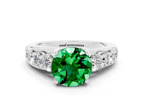 White gold Round Cut Emerald Engagement Ring with Pavé Band and Four-Prong Setting
