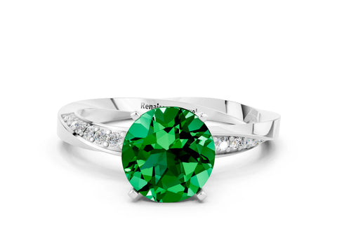 White gold Round Cut Emerald Engagement Ring with Side Stone Accents and Four-Prong Setting_27