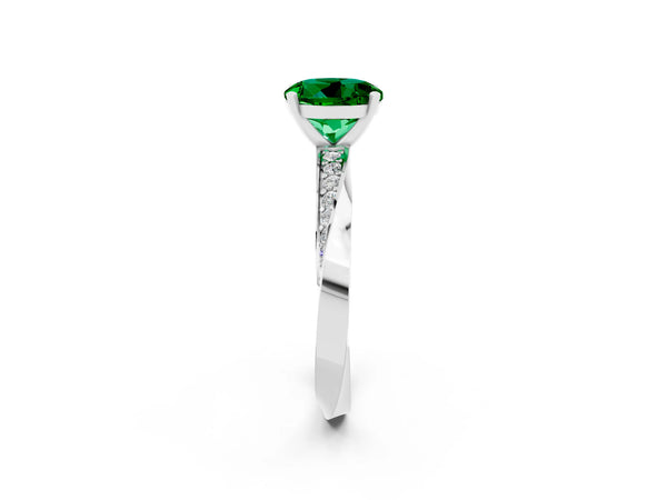 White gold Round Cut Emerald Engagement Ring with Side Stone Accents and Four-Prong Setting