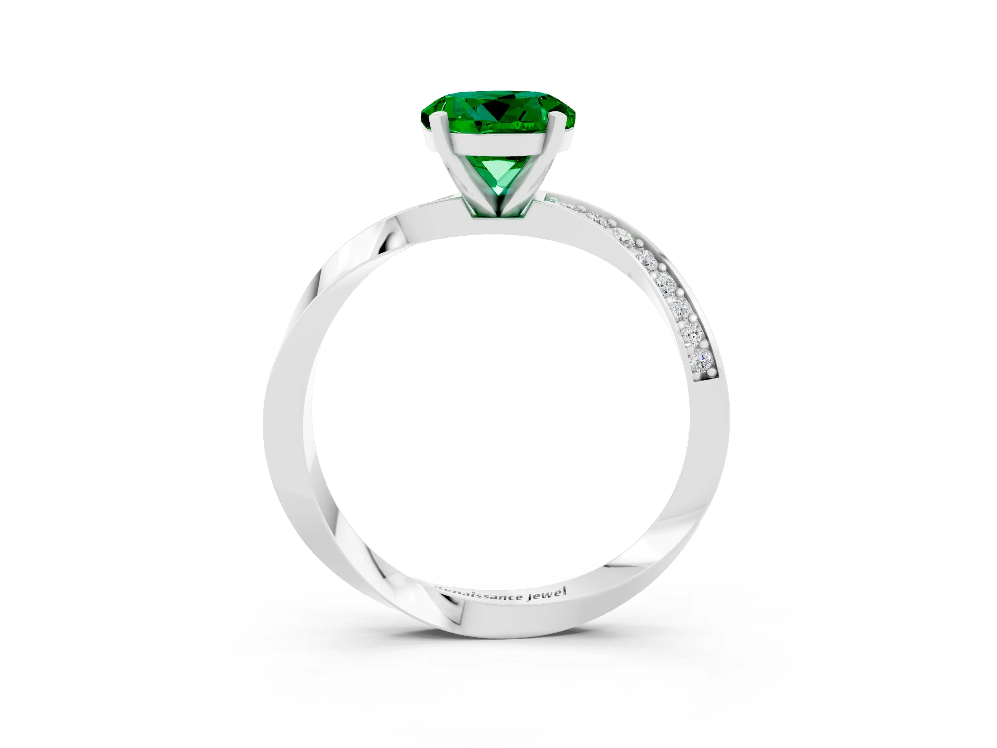 White gold Round Cut Emerald Engagement Ring with Side Stone Accents and Four-Prong Setting_30