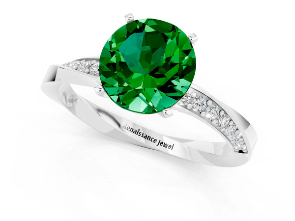 White gold Round Cut Emerald Engagement Ring with Side Stone Accents and Four-Prong Setting
