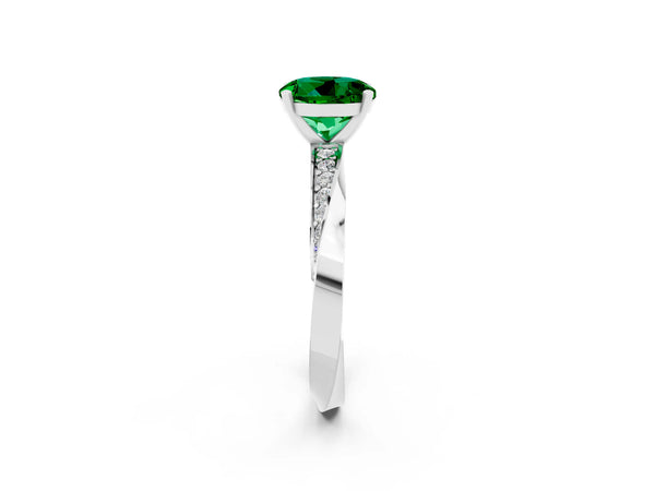 White gold Round Cut Emerald Engagement Ring with Side Stone Accents and Four-Prong Setting