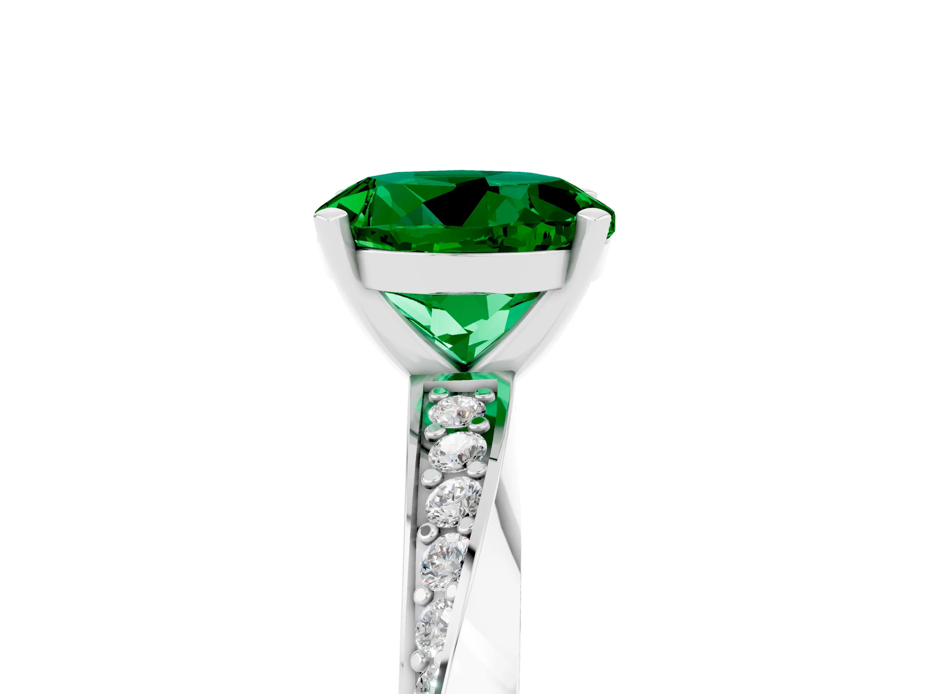 White gold Round Cut Emerald Engagement Ring with Side Stone Accents and Four-Prong Setting_32