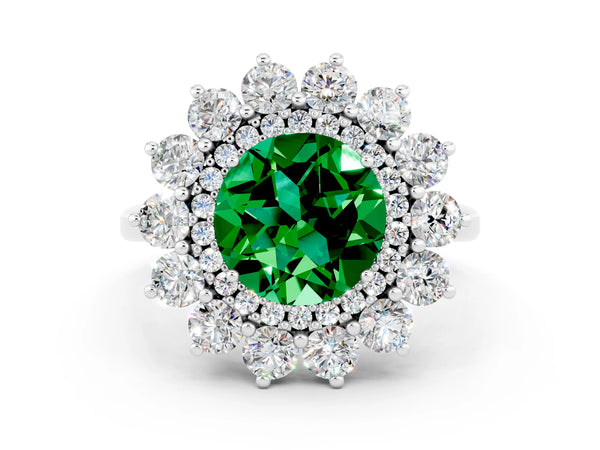 Silver Round Cut Emerald Floral Double Halo Engagement Ring with Prong Setting