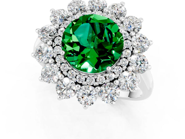 White gold Round Cut Emerald Floral Double Halo Engagement Ring with Prong Setting