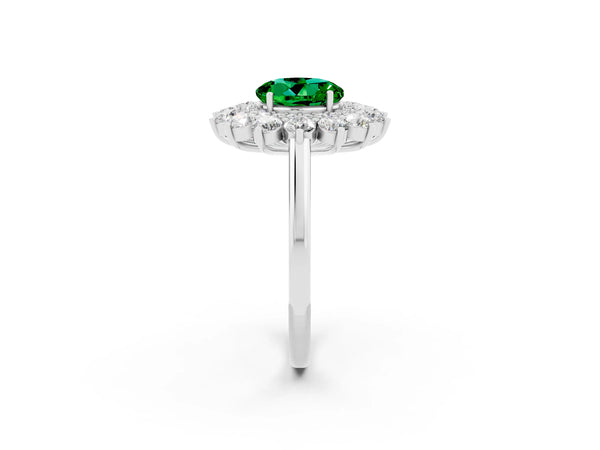 Silver Round Cut Emerald Floral Double Halo Engagement Ring with Prong Setting