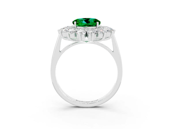 White gold Round Cut Emerald Floral Double Halo Engagement Ring with Prong Setting