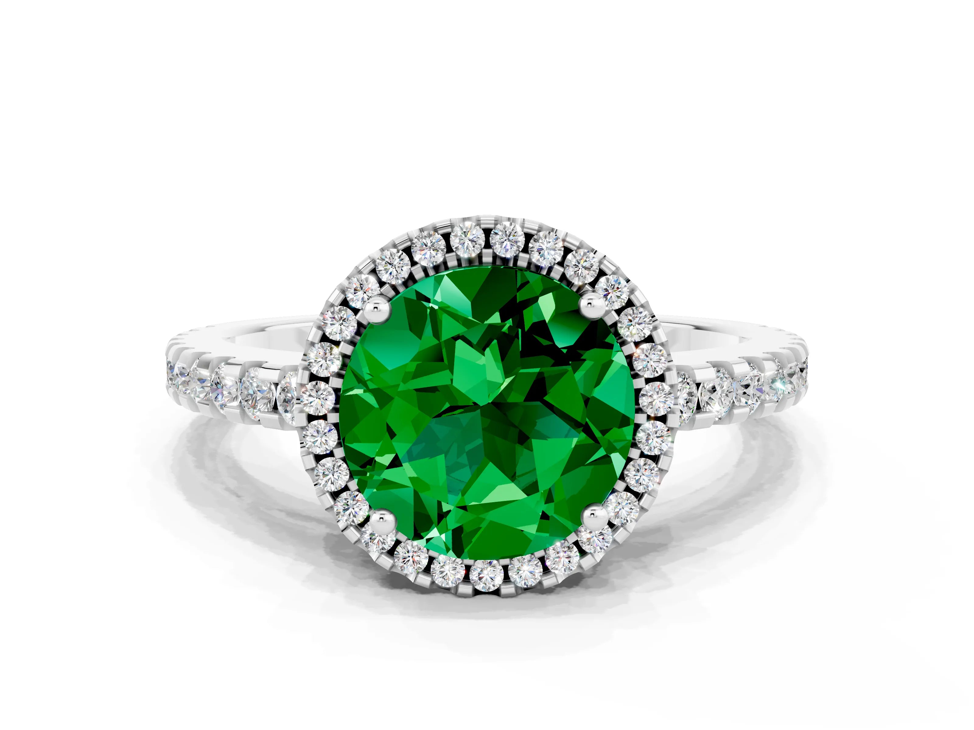 White gold Round Cut Emerald Halo Engagement Ring with Pavé Band and Prong Setting_12