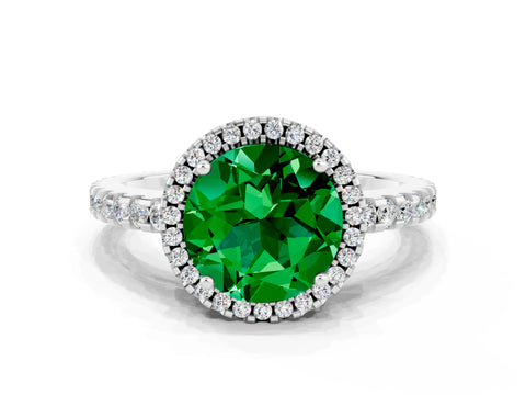 White gold Round Cut Emerald Halo Engagement Ring with Pavé Band and Prong Setting_12