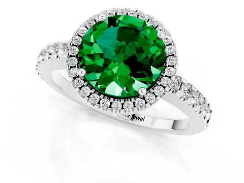 White gold Round Cut Emerald Halo Engagement Ring with Pavé Band and Prong Setting_13