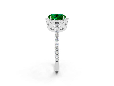 White gold Round Cut Emerald Halo Engagement Ring with Pavé Band and Prong Setting_14