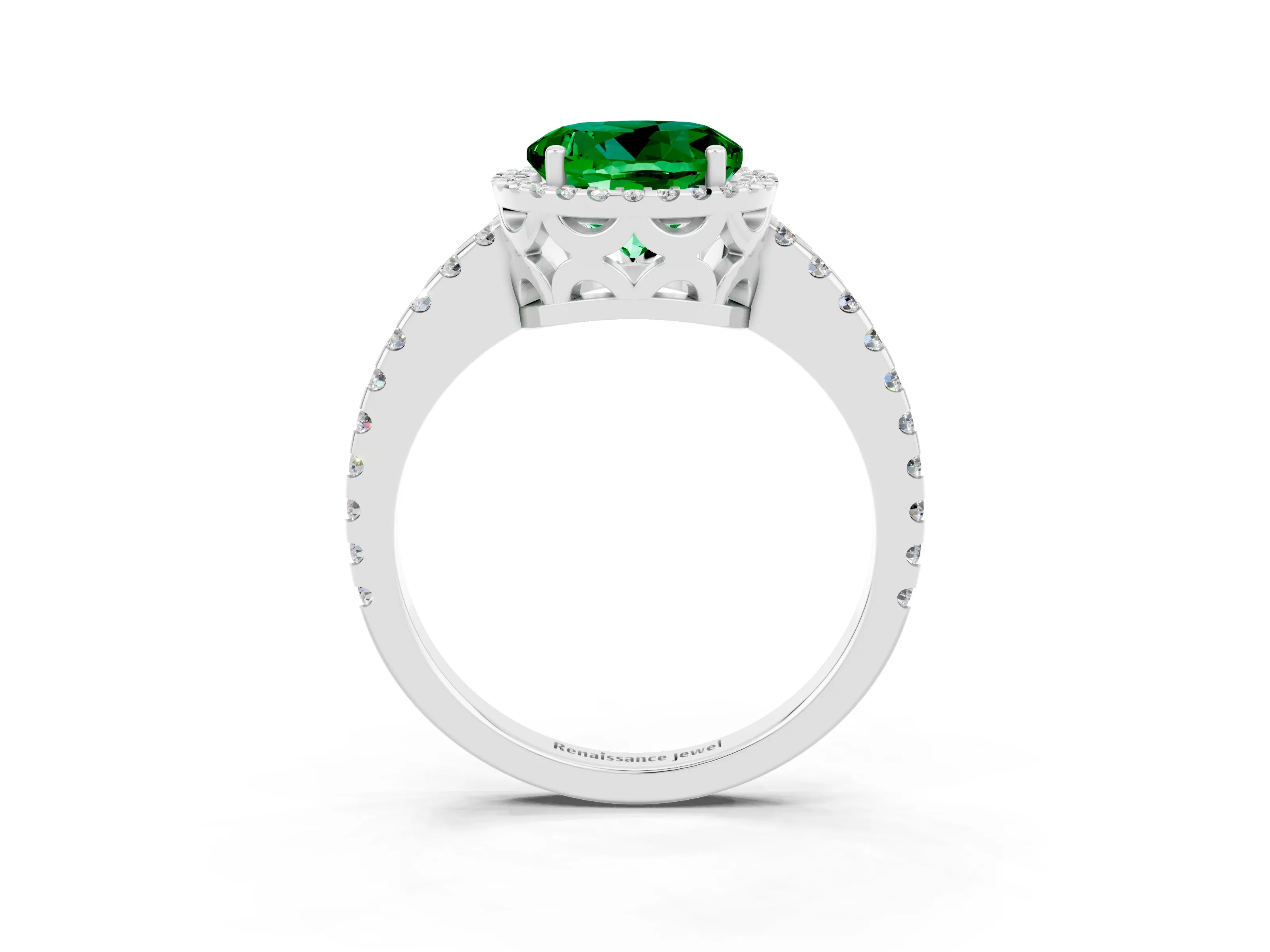 White gold Round Cut Emerald Halo Engagement Ring with Pavé Band and Prong Setting_15